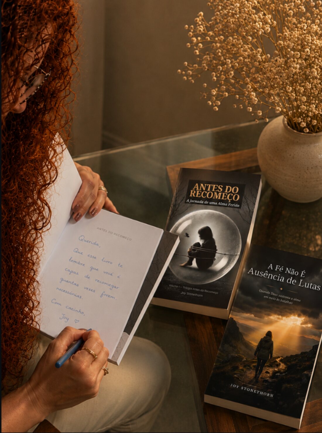 Joy Stonethorn autografando um exemplar de Antes do Recomeço